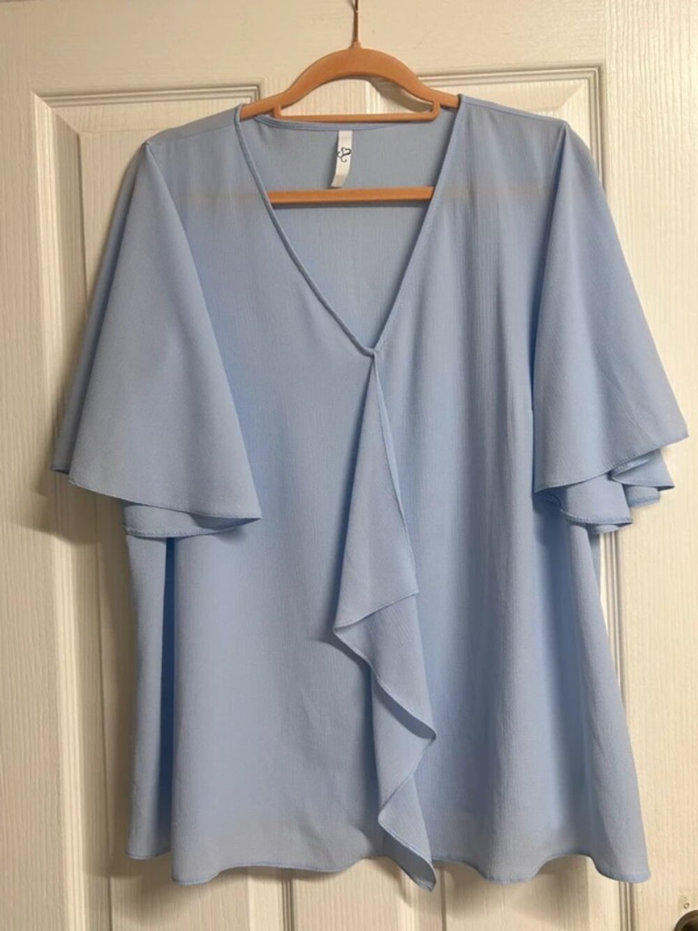 Blue Womens V Neck Ruffle Flutter Sleeve Blouse Top